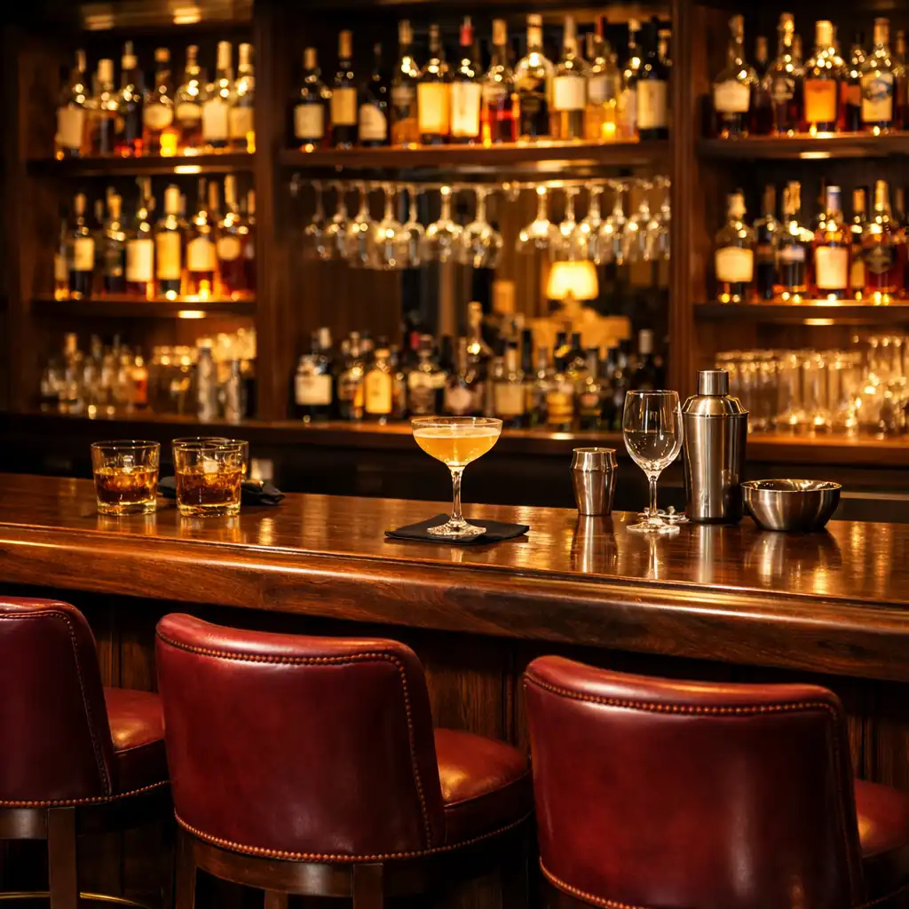 Elegante Bar aus dunklem Walnussholz mit beleuchteten Regalen, Flaschen und Gläsern