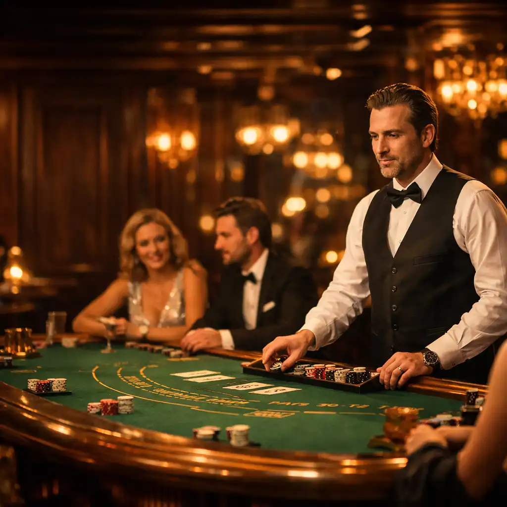 Eleganter Blackjack-Tisch in warmem Licht mit professionellem Dealer und stilvollen Gästen
