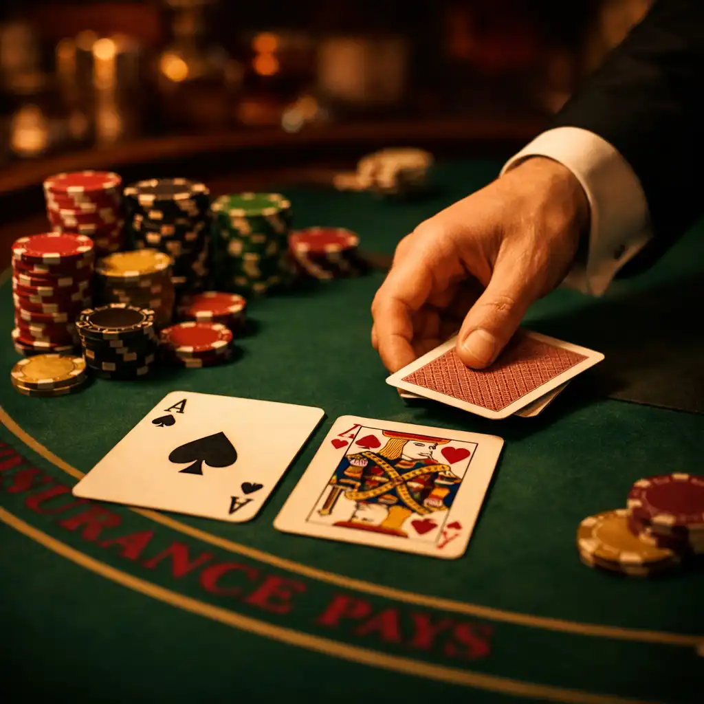 Nahaufnahme eines Blackjack-Tisches mit Karten, Chips und der Hand eines Dealers
