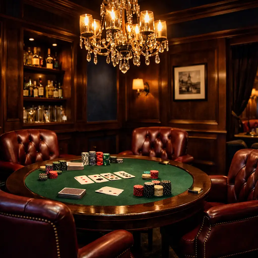 Privater Kartensaal mit Pokertisch, Walnussholz und burgunderroten Ledersesseln bei Speise Qora