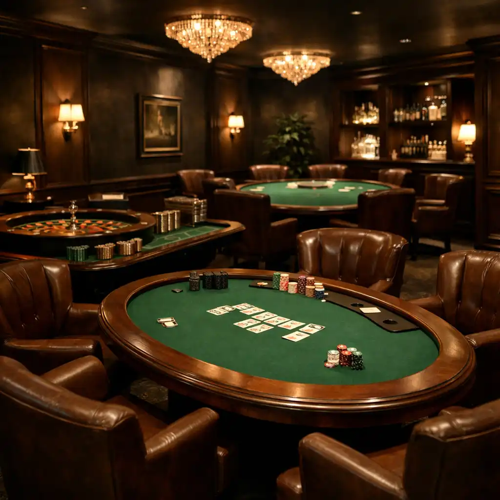 Casino-Lounge im Speise Qora mit grünen Filztischen, eleganten Ledersesseln und gedämpftem Licht