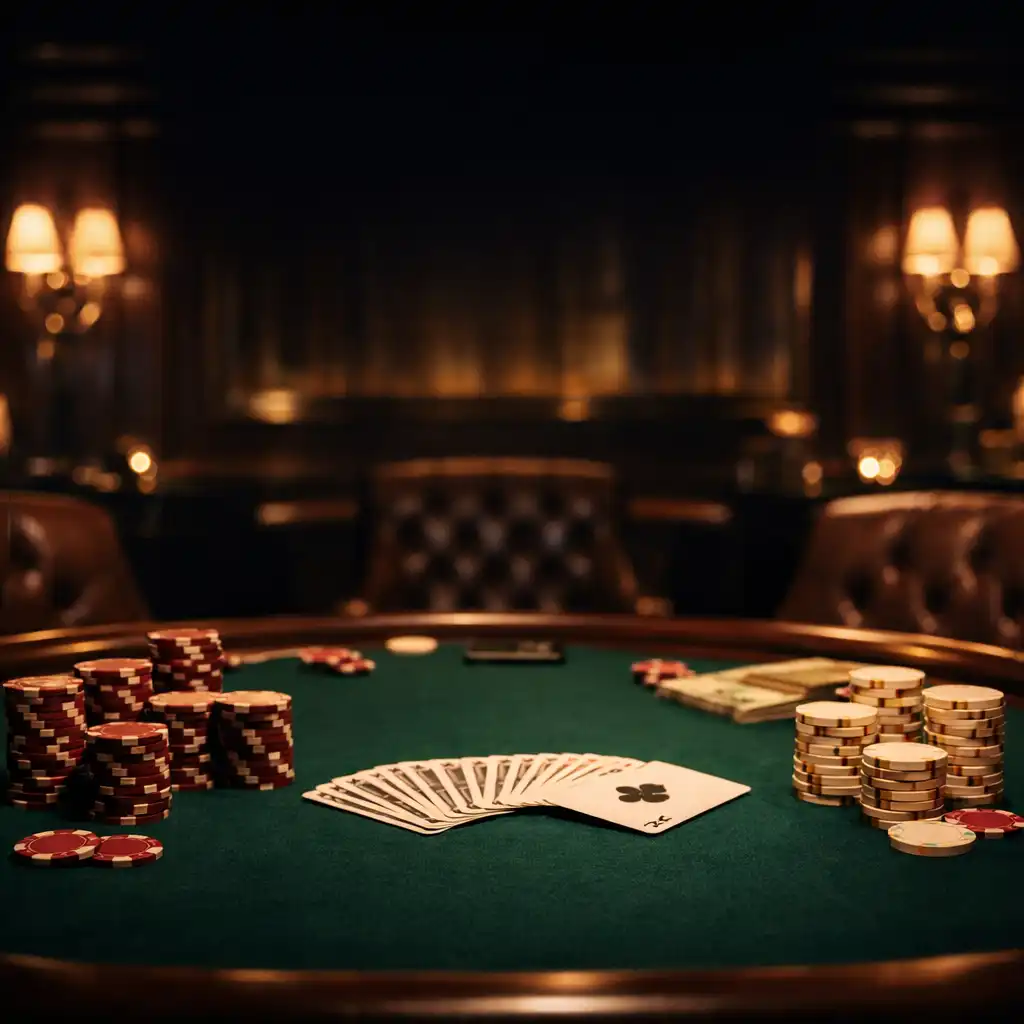 Eleganter Pokertisch mit Chips und Karten in warmem Licht bei Speise Qora