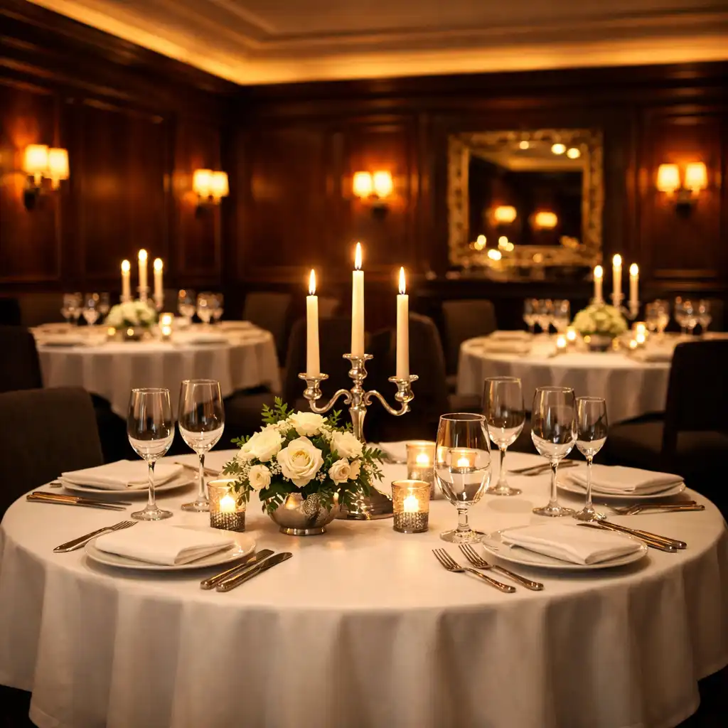 Eleganter Speisesaal im Speise Qora mit runden Tischen, weißen Tischdecken und Kerzenlicht