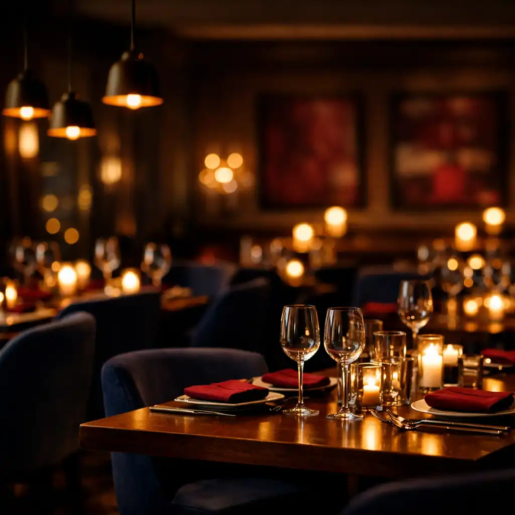 Eleganter Restaurantinnenraum von Speise Qora mit warmem Licht, dunklen Walnussholztischen und mitternachtsblauen Stühlen