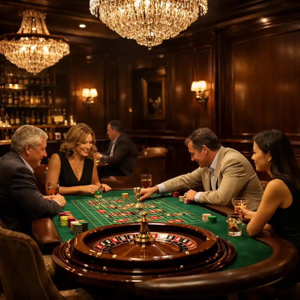 Elegante Roulette-Lounge bei Speise Qora mit warmem Licht, Kristallleuchtern und Gästen am Tisch